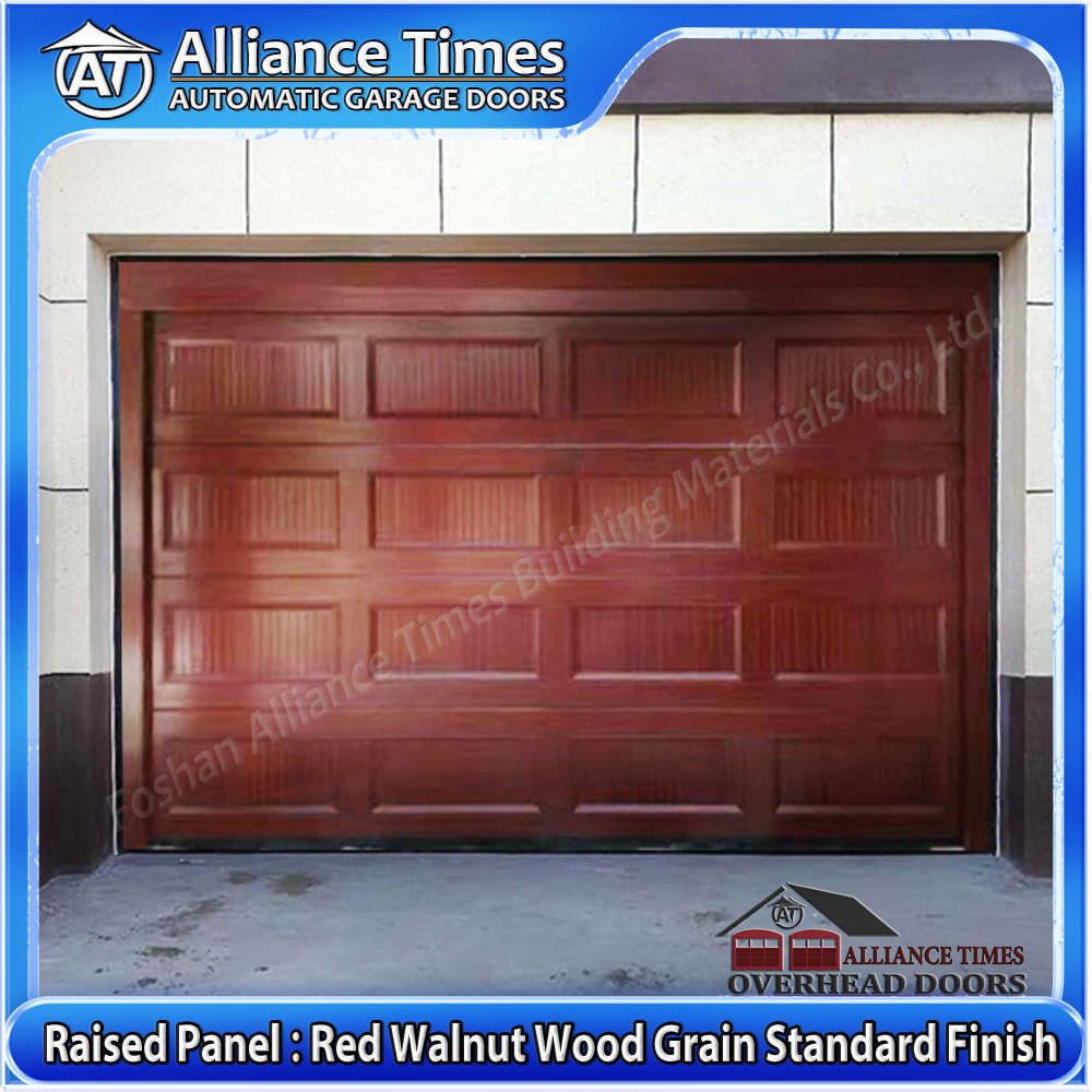 Aluminum Raised Panel Sectional Garage Door : Red Walnut Wood Grain Standard Finish