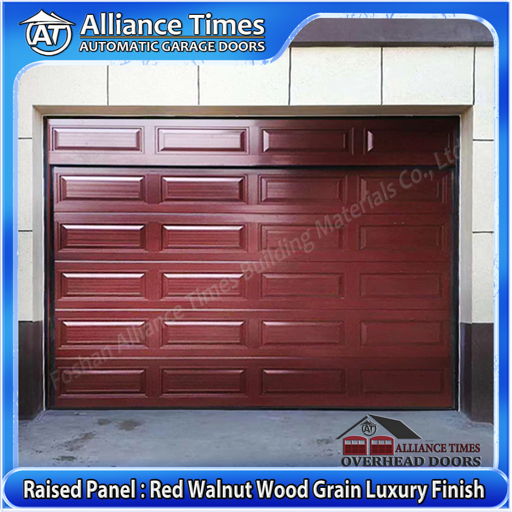 Aluminum Raised Panel Sectional Garage Door : Red Walnut Wood Grain Luxury Finish